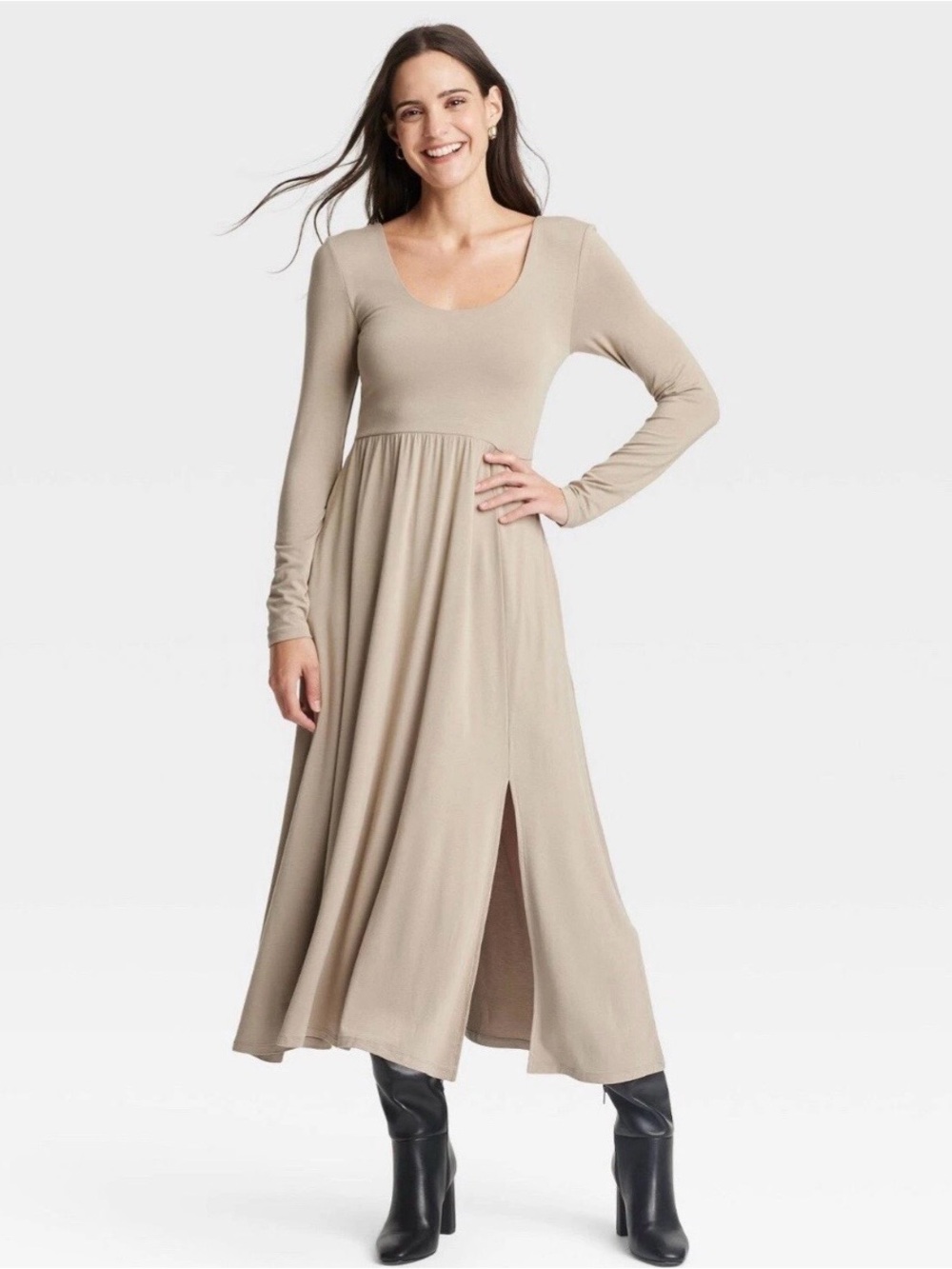 A New Day Women's SMALL Long Sleeve Stretch Knit Ballet Maxi Dress Tan NEW